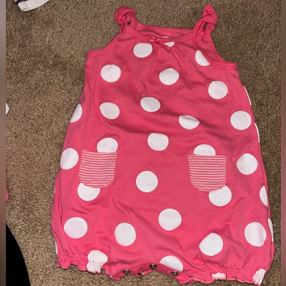 Pink with white polka dots crab tank top onesie/romper, size 12m from Carters
